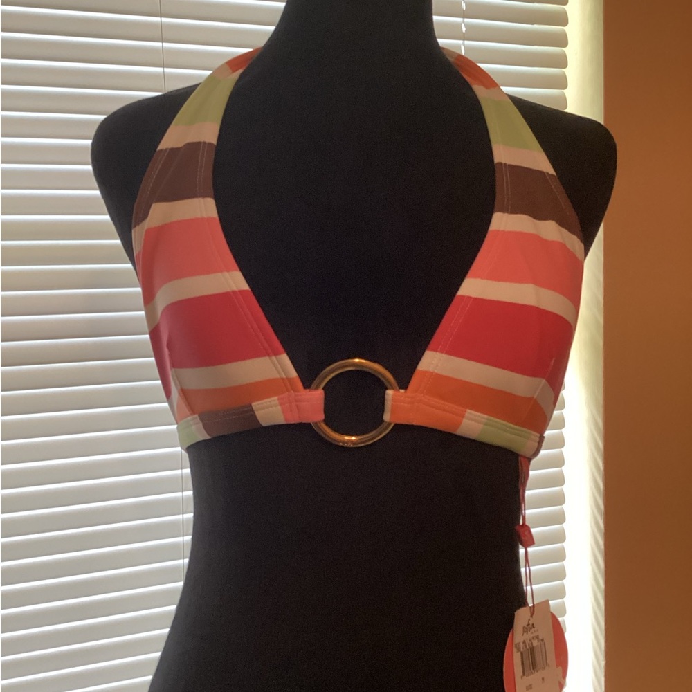 Striped Halter Bikini Top with Ring Detail
